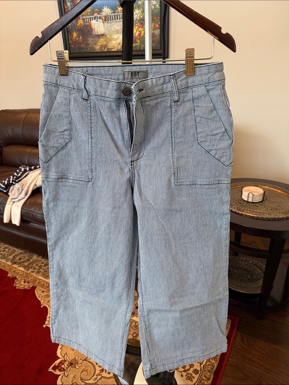 Kut from the Kloth Blue Pinstripe Wide-Leg cropped Jeans